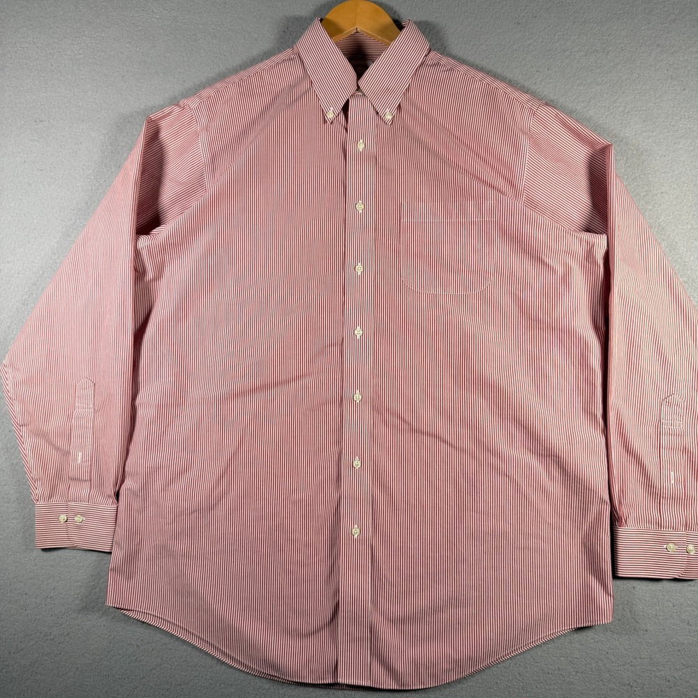 Brooks Brothers 346 Mens 17 36/37 Red White Striped Non-Iron Cotton Shirt